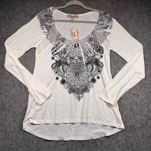 Decree Womens Long Sleeve Paisley Medallion Lace Top White Black Large LION-12